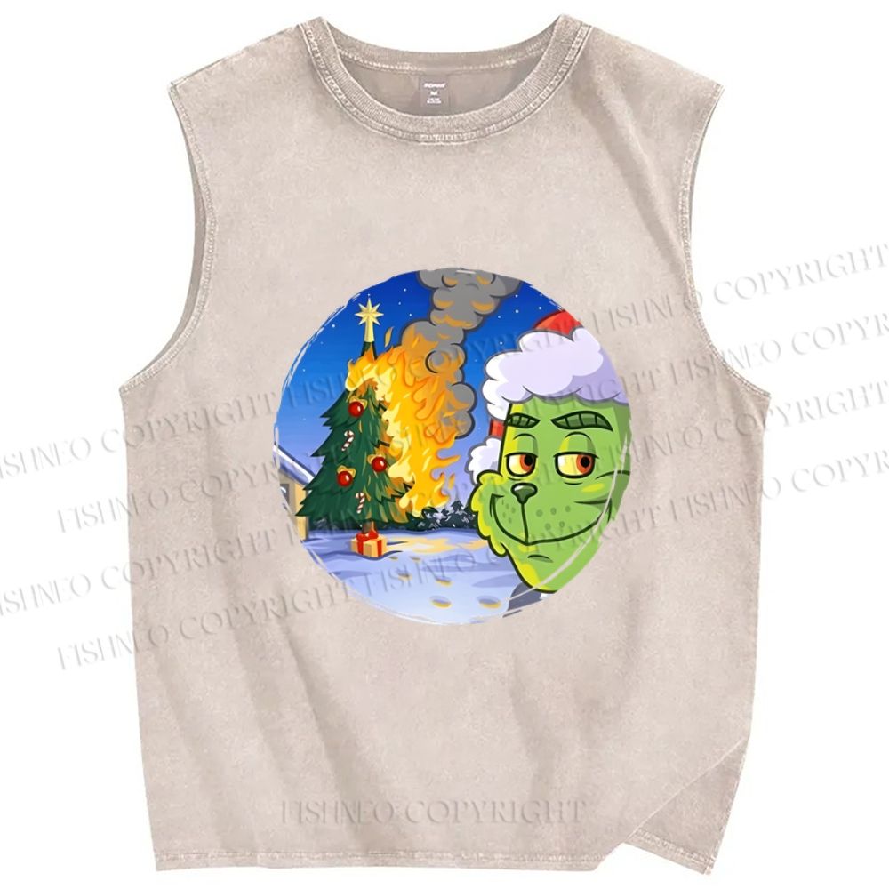Unisex Christmas On Fire Grinch is Smiling Printed Washed Tank Top