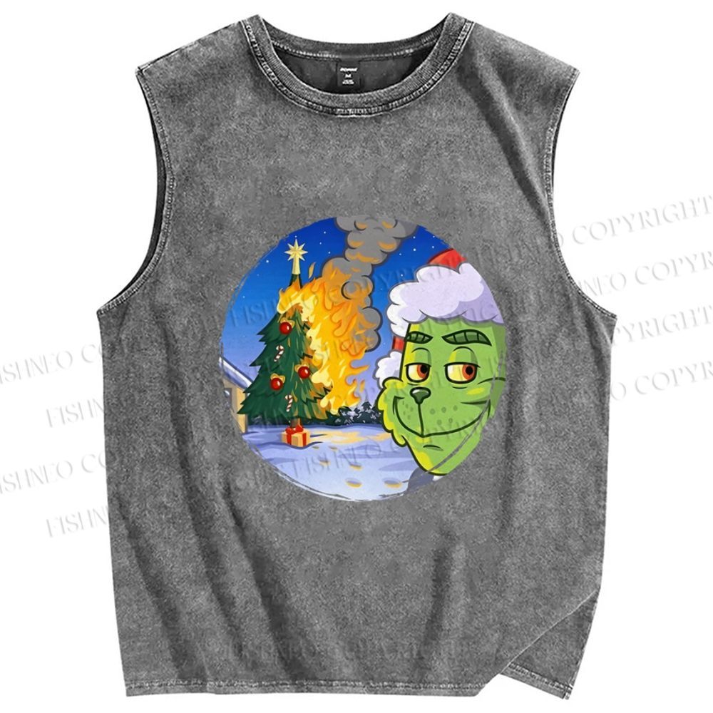 Unisex Christmas On Fire Grinch is Smiling Printed Washed Tank Top