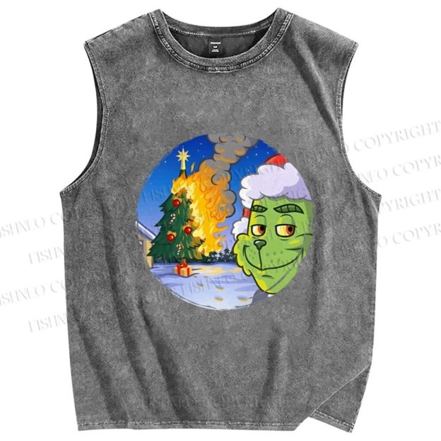 Unisex Christmas On Fire Grinch is Smiling Printed Washed Tank Top