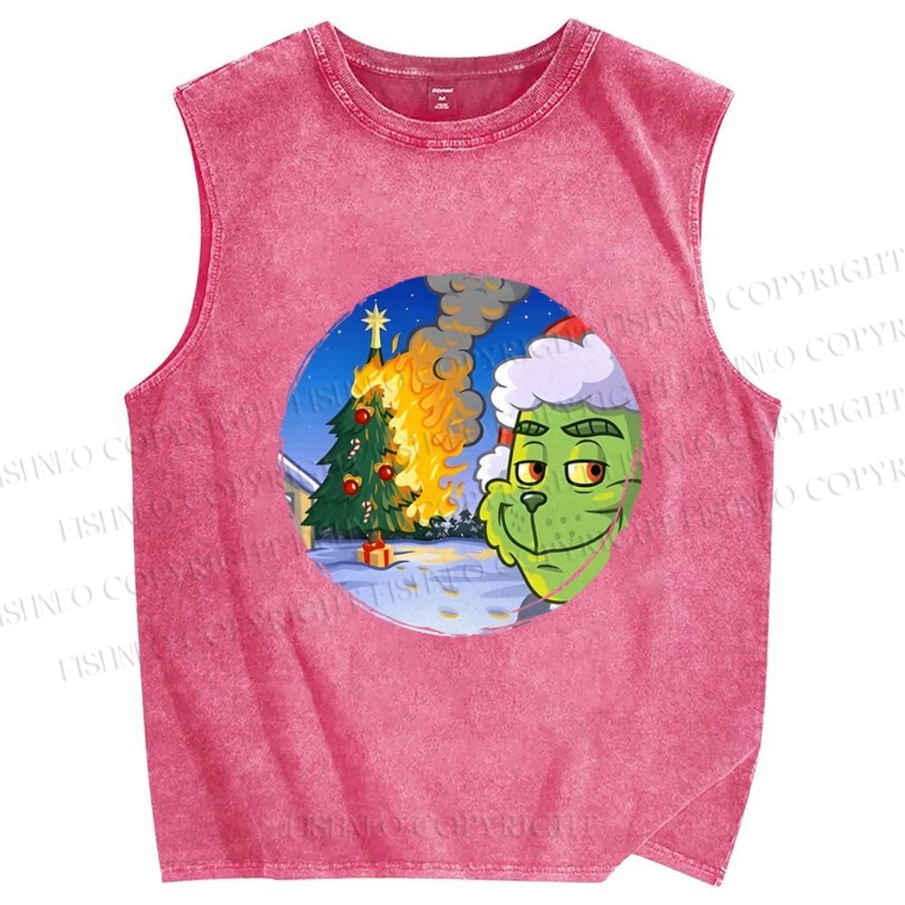 Unisex Christmas On Fire Grinch is Smiling Printed Washed Tank Top