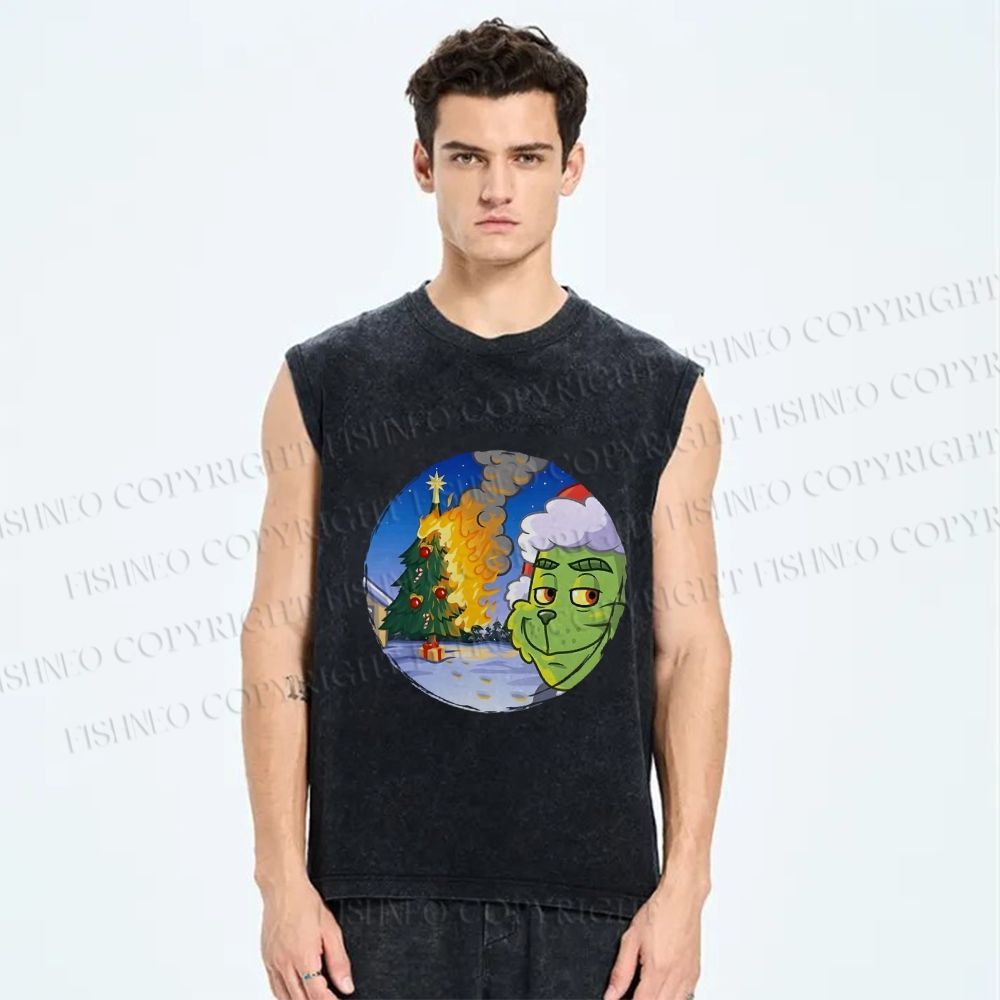 Unisex Christmas On Fire Grinch is Smiling Printed Washed Tank Top
