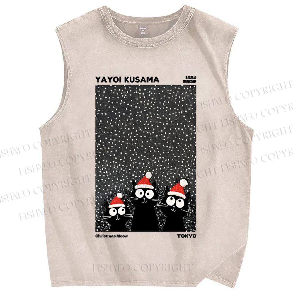 Unisex Yayoi Kusama Christmas Black Cat Printed Washed Tank Top