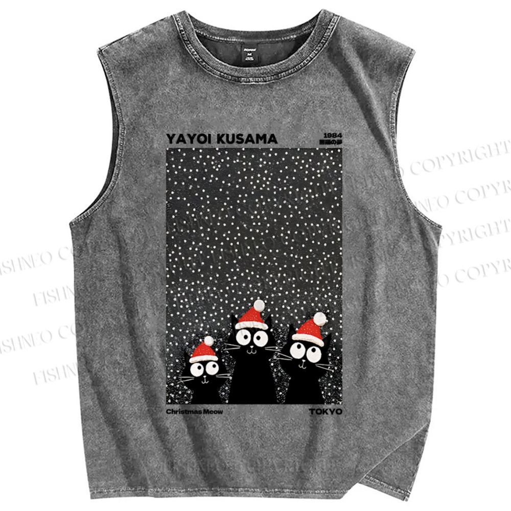 Unisex Yayoi Kusama Christmas Black Cat Printed Washed Tank Top