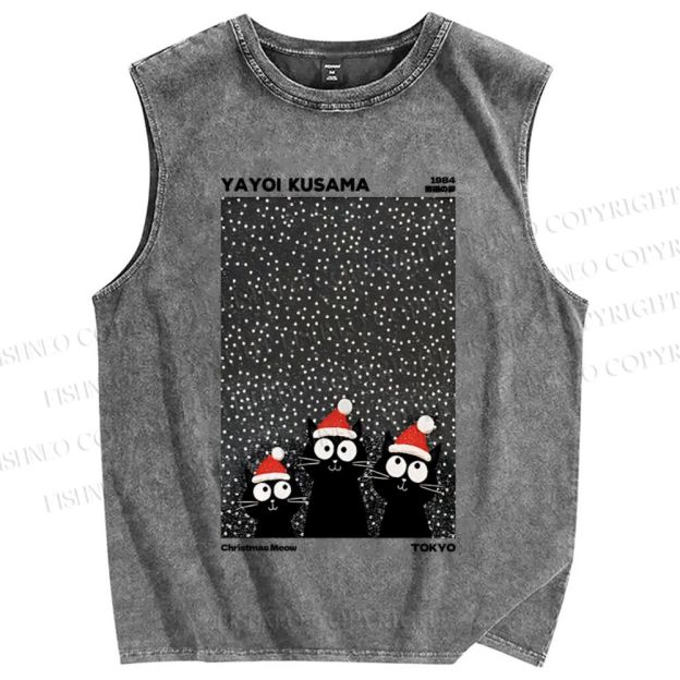 Unisex Yayoi Kusama Christmas Black Cat Printed Washed Tank Top