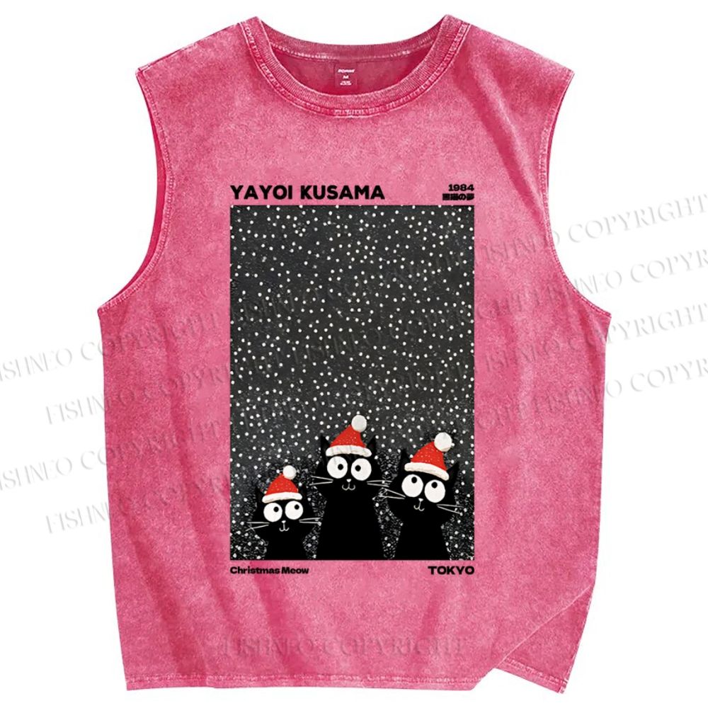 Unisex Yayoi Kusama Christmas Black Cat Printed Washed Tank Top