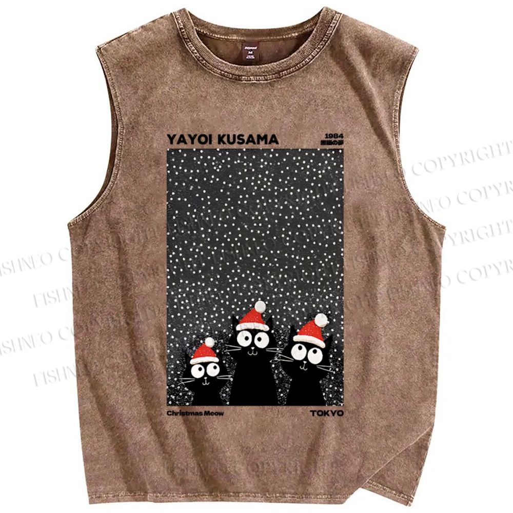 Unisex Yayoi Kusama Christmas Black Cat Printed Washed Tank Top