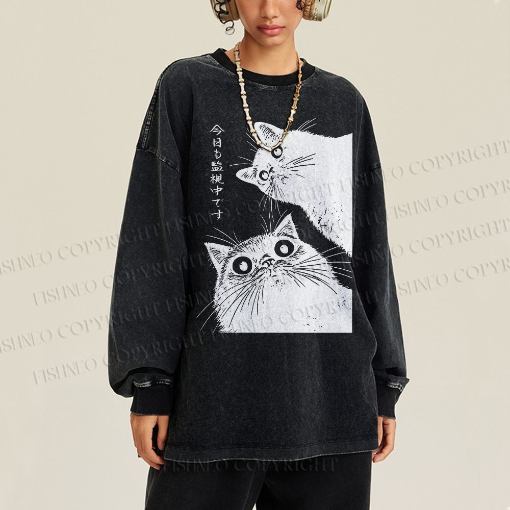 Unisex Casual Washed The Cat is Watching Today Printed Long Sleeve T-shirt