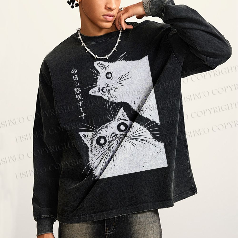 Unisex Casual Washed The Cat is Watching Today Printed Long Sleeve T-shirt