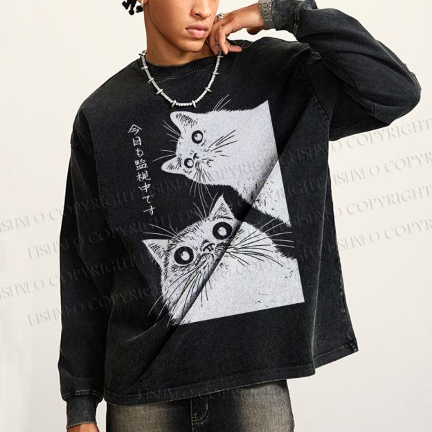 Unisex Casual Washed The Cat is Watching Today Printed Long Sleeve T-shirt