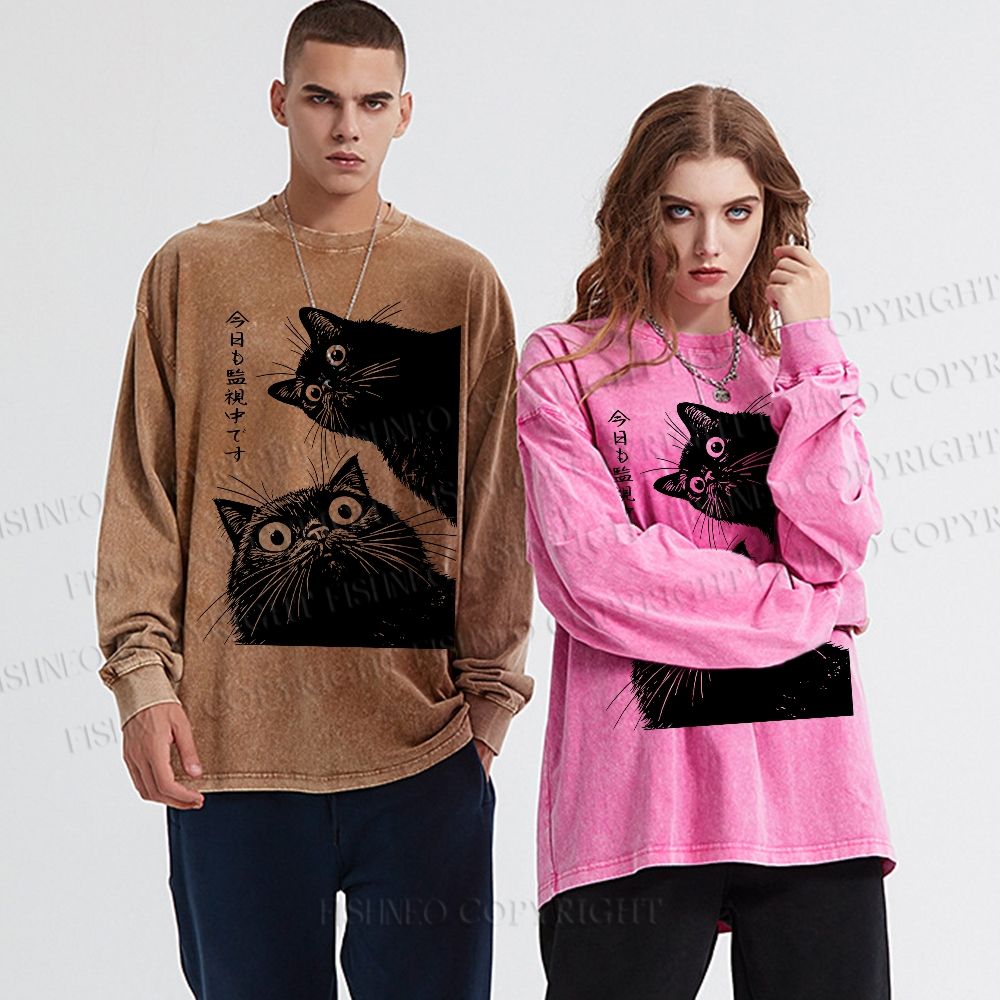 Unisex Casual Washed The Cat is Watching Today Printed Long Sleeve T-shirt