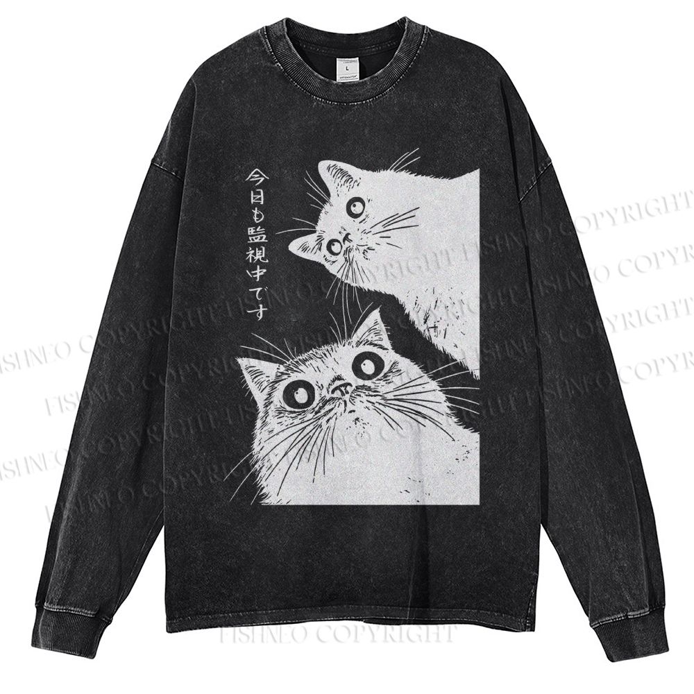 Unisex Casual Washed The Cat is Watching Today Printed Long Sleeve T-shirt