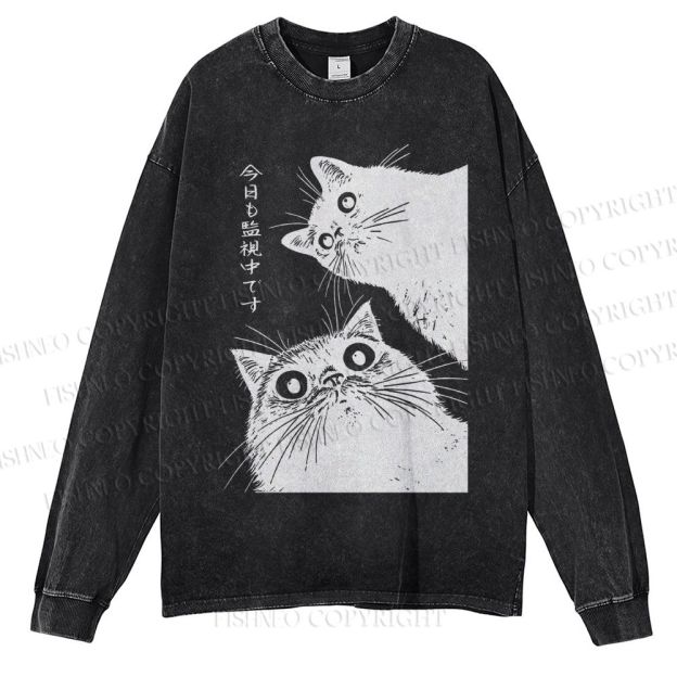 Unisex Casual Washed The Cat is Watching Today Printed Long Sleeve T-shirt