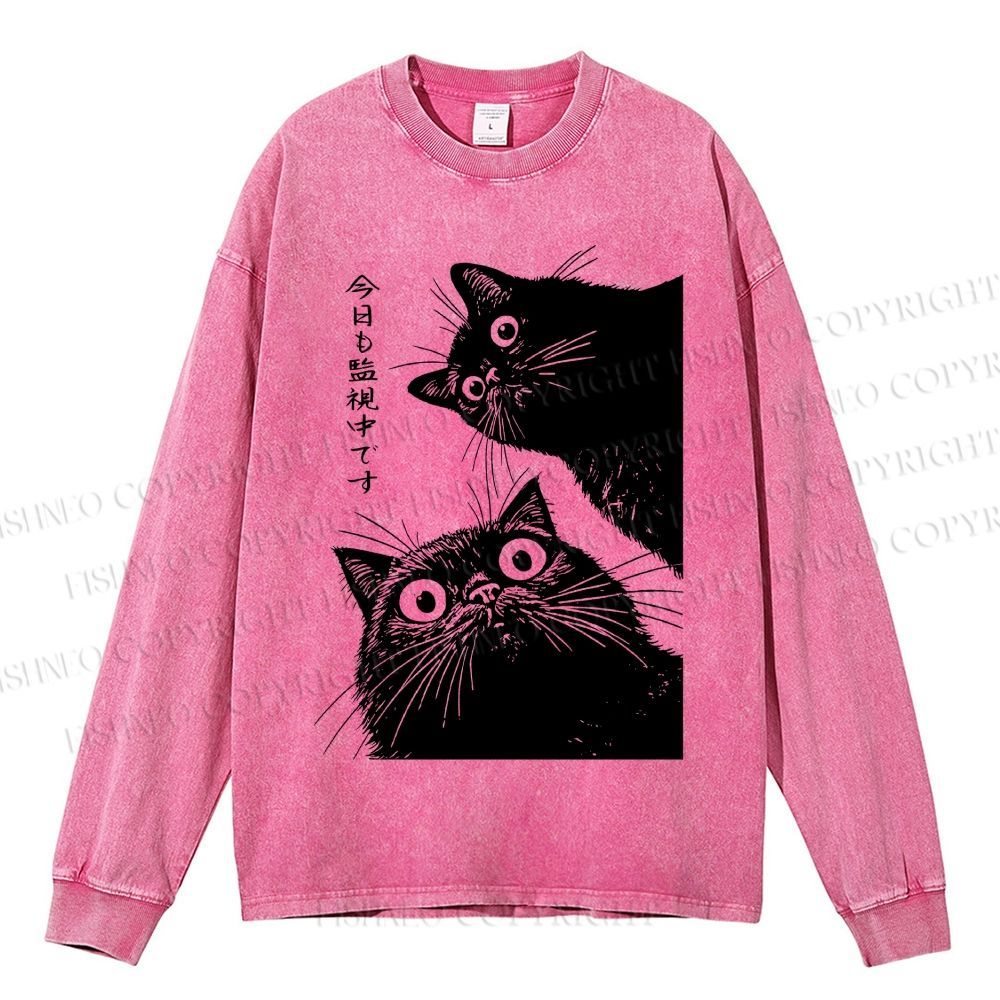 Unisex Casual Washed The Cat is Watching Today Printed Long Sleeve T-shirt