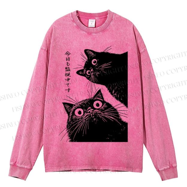 Unisex Casual Washed The Cat is Watching Today Printed Long Sleeve T-shirt