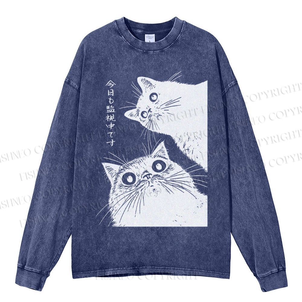 Unisex Casual Washed The Cat is Watching Today Printed Long Sleeve T-shirt