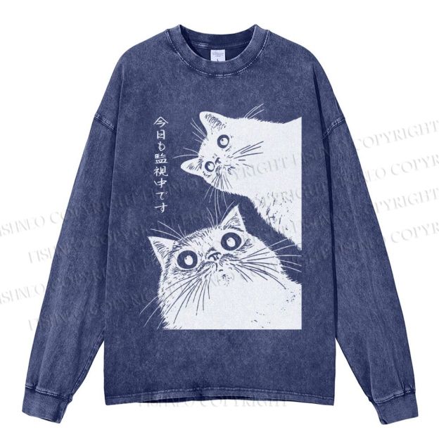 Unisex Casual Washed The Cat is Watching Today Printed Long Sleeve T-shirt