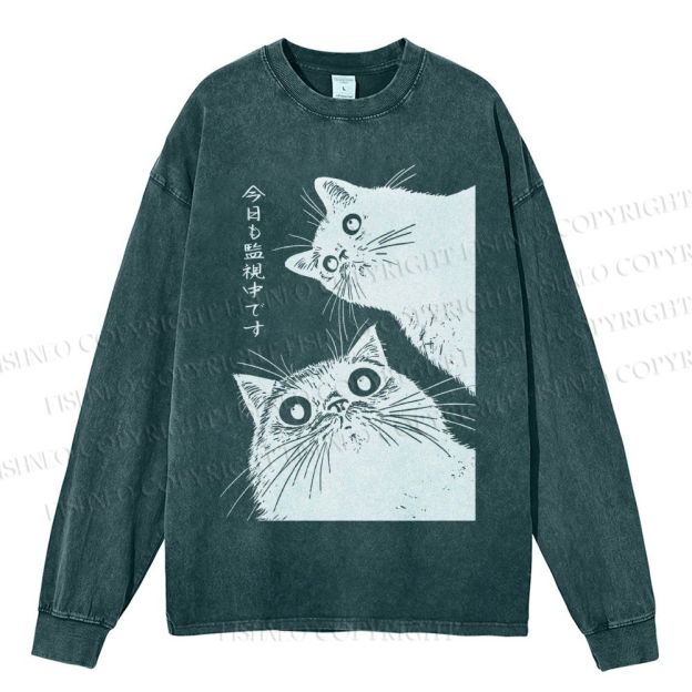 Unisex Casual Washed The Cat is Watching Today Printed Long Sleeve T-shirt