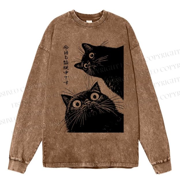 Unisex Casual Washed The Cat is Watching Today Printed Long Sleeve T-shirt