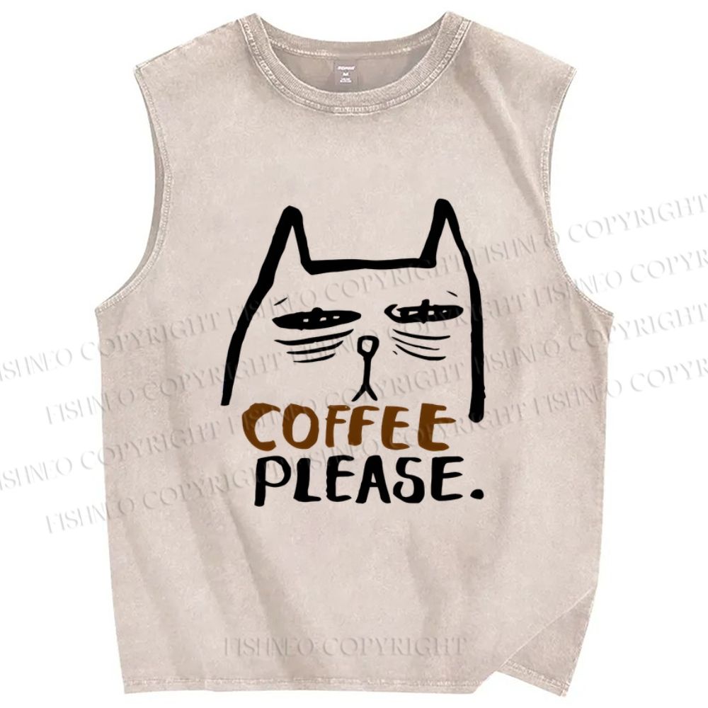Unisex Coffee Cat Printed Washed Tank Top