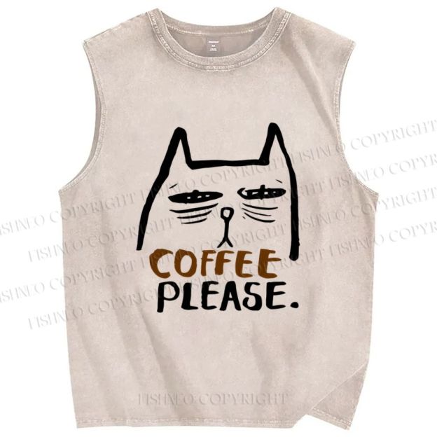 Unisex Coffee Cat Printed Washed Tank Top