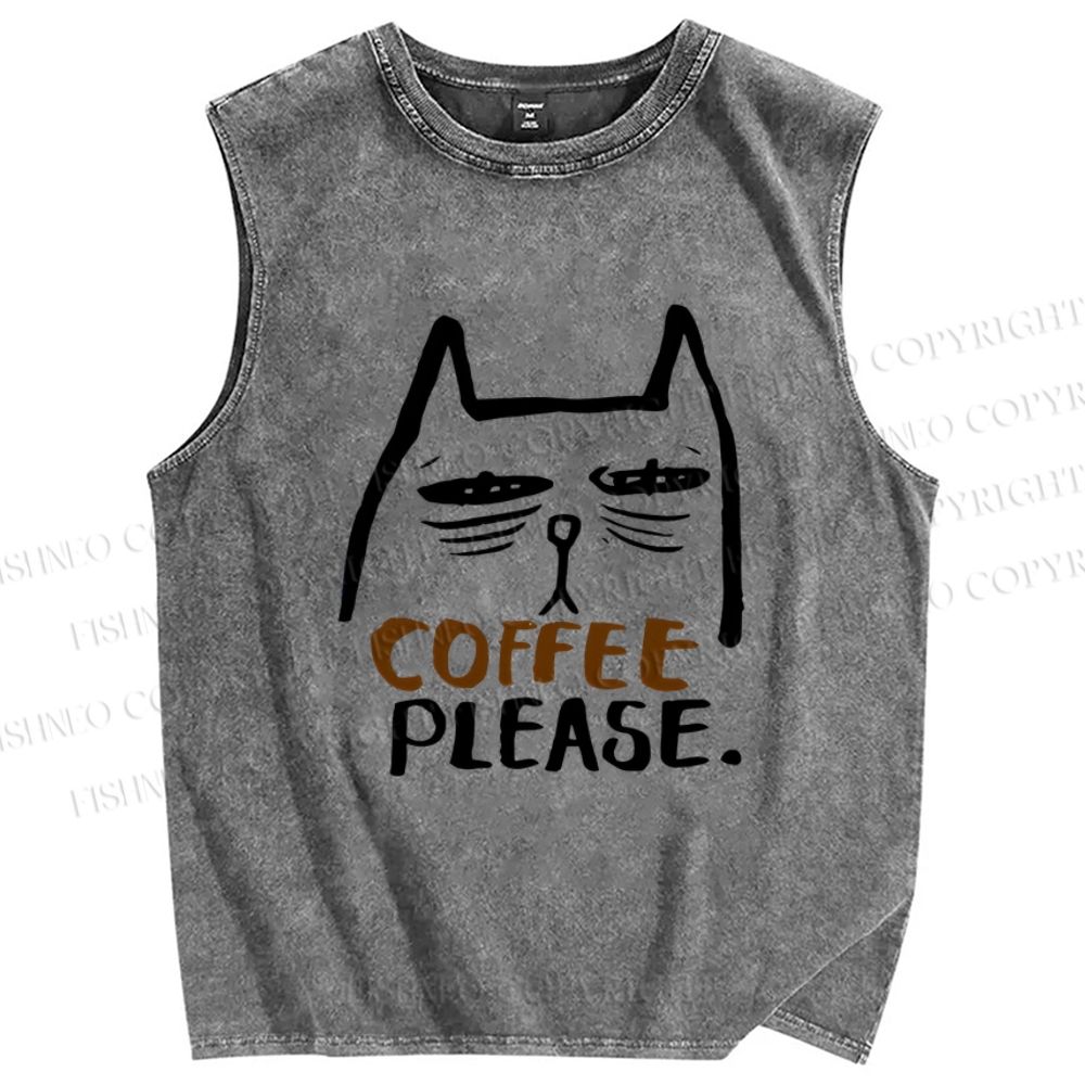 Unisex Coffee Cat Printed Washed Tank Top