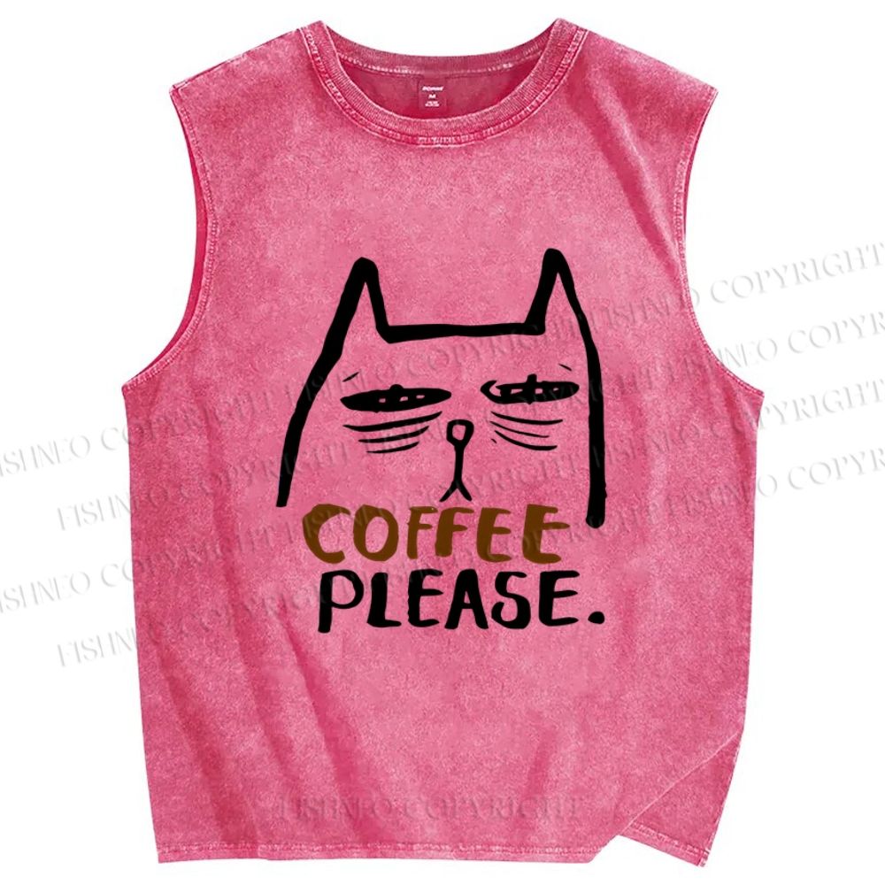 Unisex Coffee Cat Printed Washed Tank Top