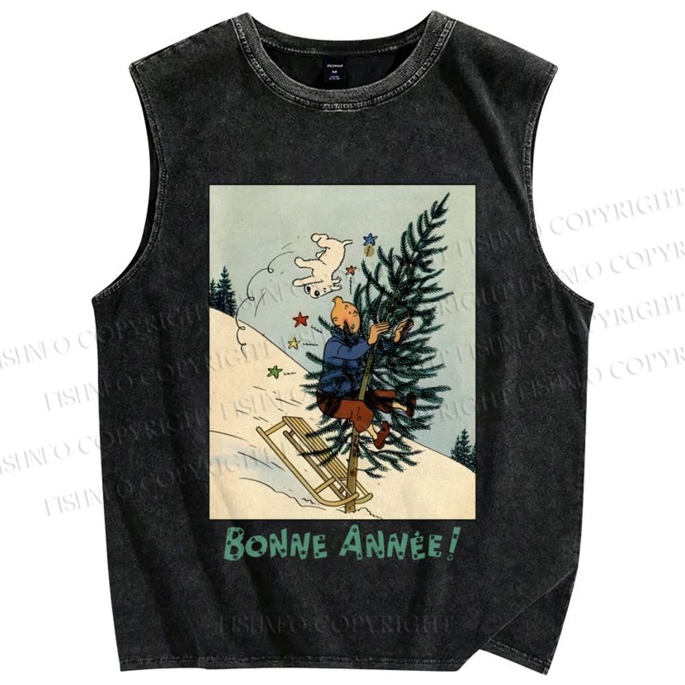 Unisex The Adventures of Tintin Sliding On Christmas Tree Printed Washed Tank Top
