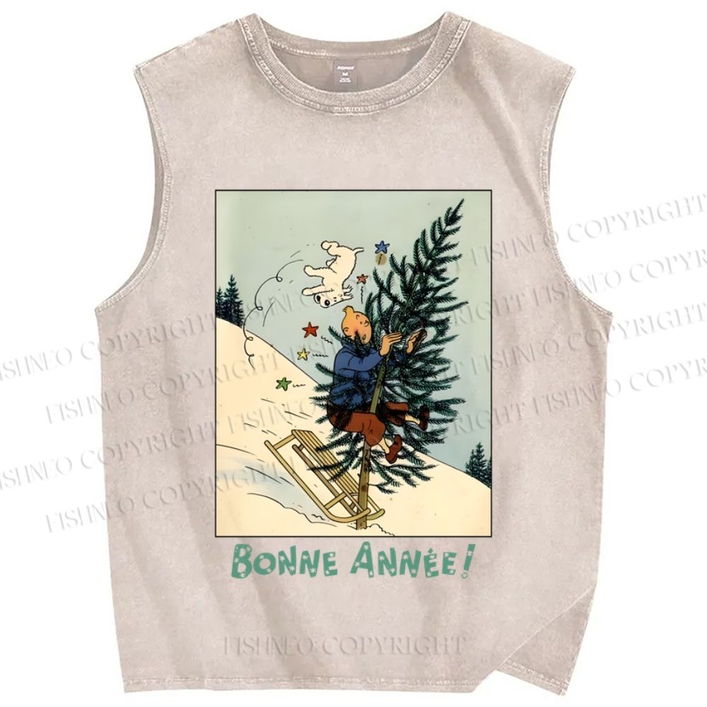Unisex The Adventures of Tintin Sliding On Christmas Tree Printed Washed Tank Top
