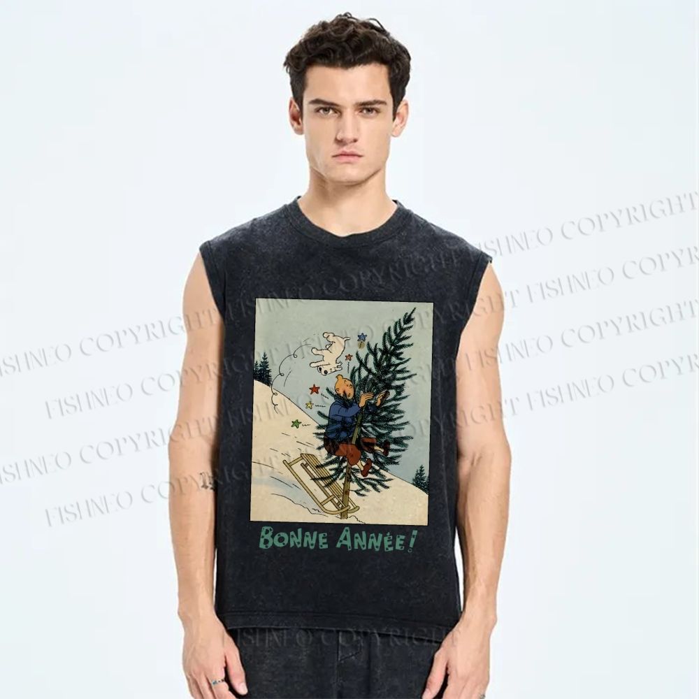 Unisex The Adventures of Tintin Sliding On Christmas Tree Printed Washed Tank Top