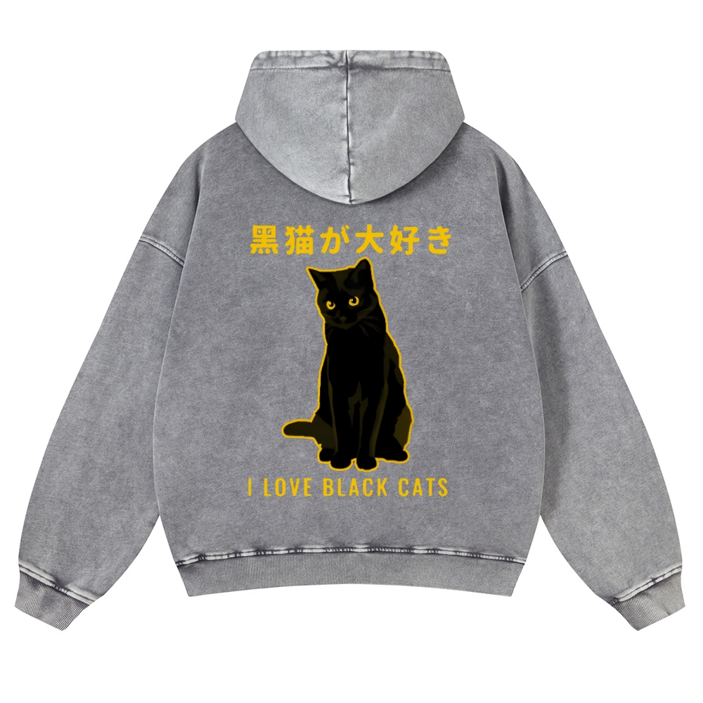 Black Cat Vintage Washed Cotton Back Art Hoodie