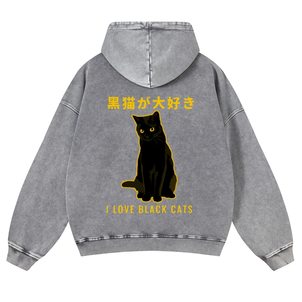 Black Cat Vintage Washed Cotton Back Art Hoodie