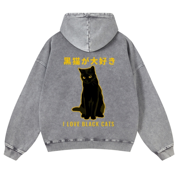 Black Cat Vintage Washed Cotton Back Art Hoodie