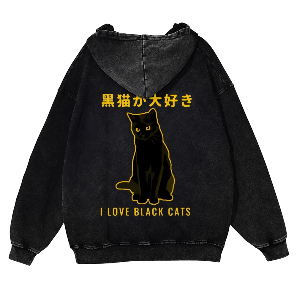 Black Cat Vintage Washed Cotton Back Art Hoodie