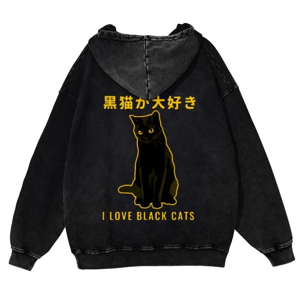 Black Cat Vintage Washed Cotton Back Art Hoodie