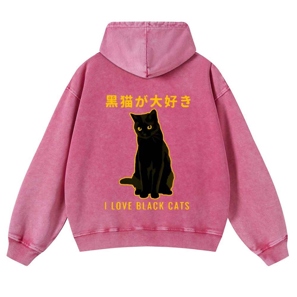 Black Cat Vintage Washed Cotton Back Art Hoodie