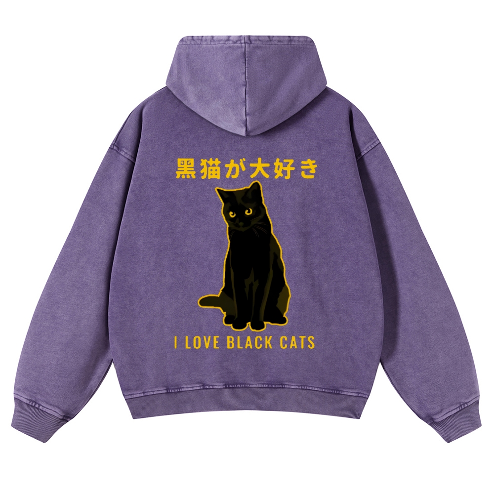 Black Cat Vintage Washed Cotton Back Art Hoodie