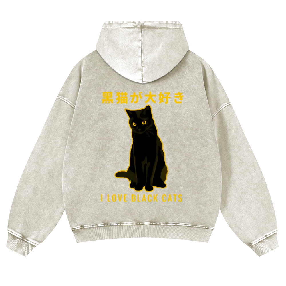 Black Cat Vintage Washed Cotton Back Art Hoodie