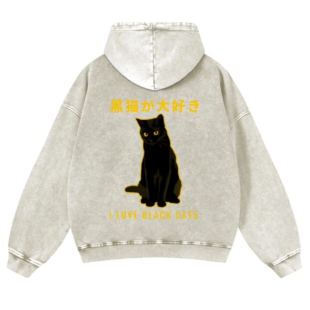 Black Cat Vintage Washed Cotton Back Art Hoodie