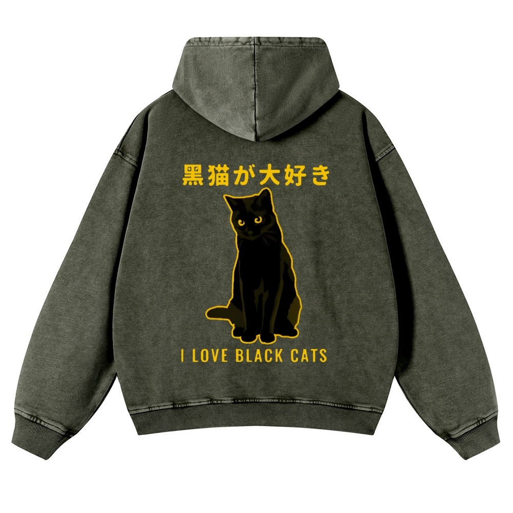 Black Cat Vintage Washed Cotton Back Art Hoodie