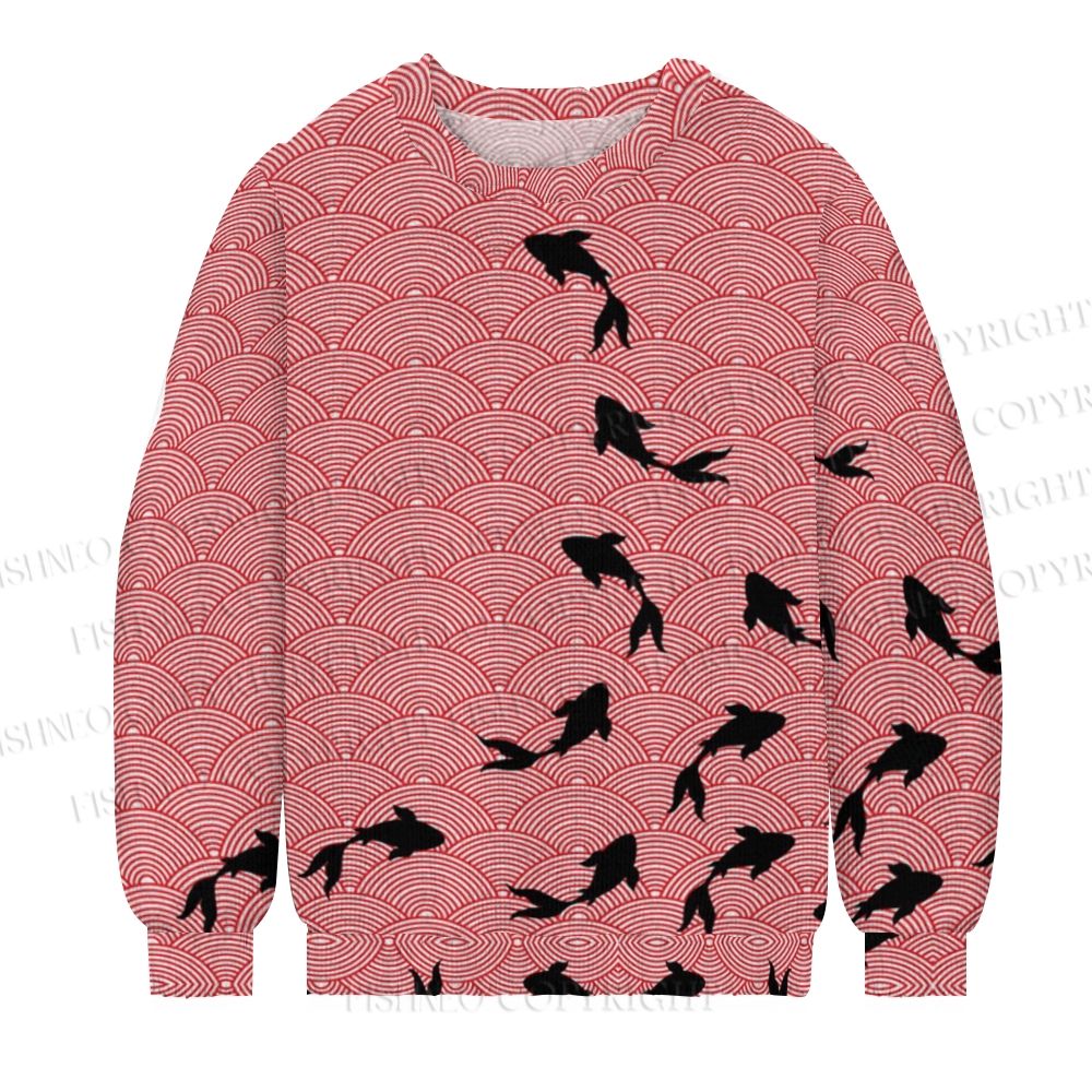 Japanese Vintage Wave Koi Printed Casual Crew Neck Sweater