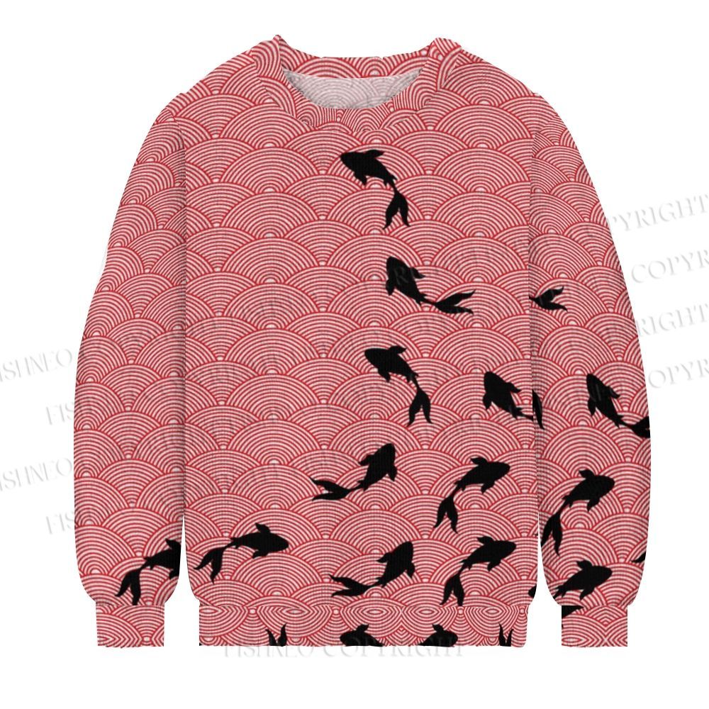 Japanese Vintage Wave Koi Printed Casual Crew Neck Sweater
