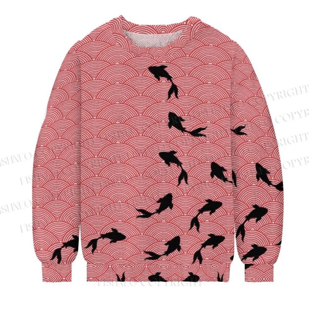 Japanese Vintage Wave Koi Printed Casual Crew Neck Sweater