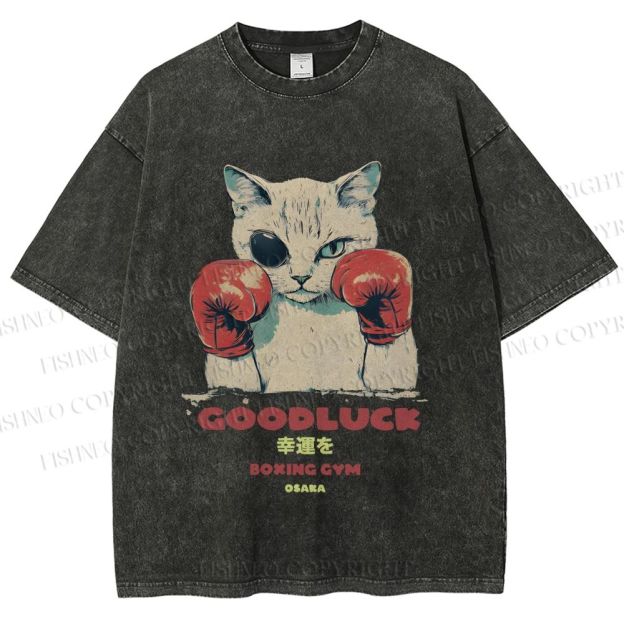 Unisex Fight Club Boxing Cat Printed Washed Tee