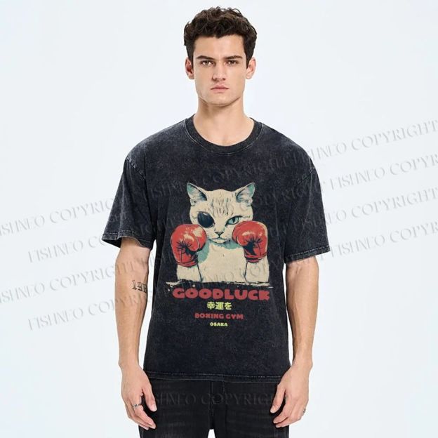 Unisex Fight Club Boxing Cat Printed Washed Tee