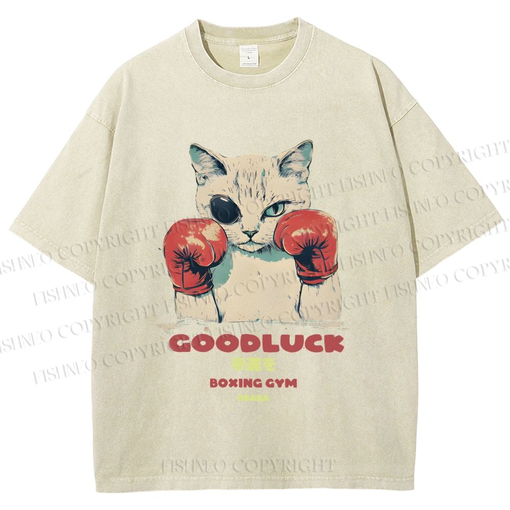 Unisex Fight Club Boxing Cat Printed Washed Tee