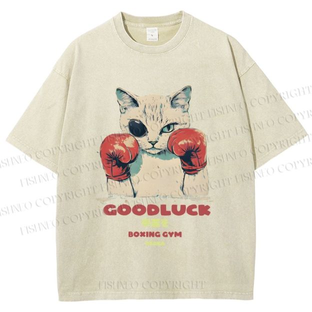 Unisex Fight Club Boxing Cat Printed Washed Tee