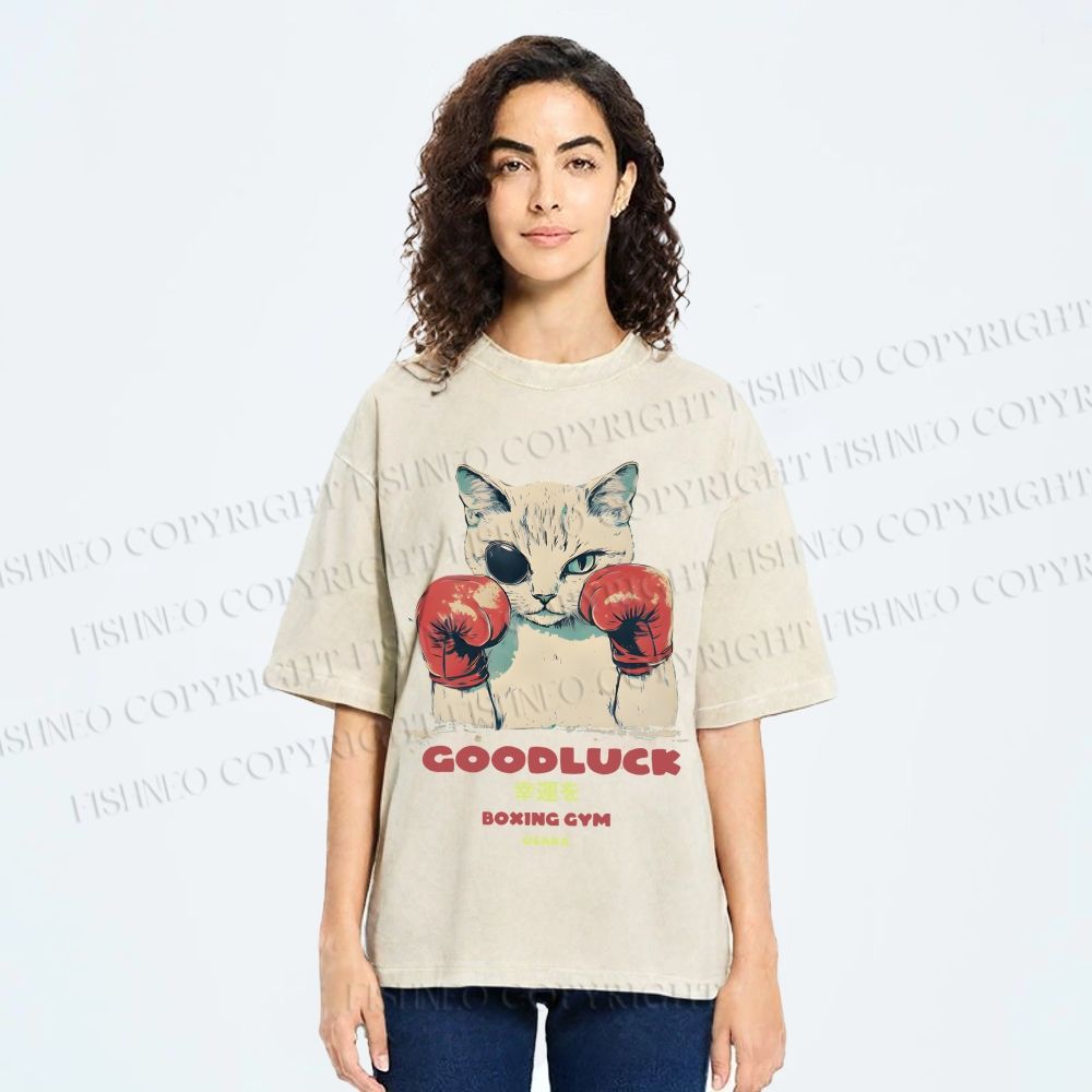 Unisex Fight Club Boxing Cat Printed Washed Tee