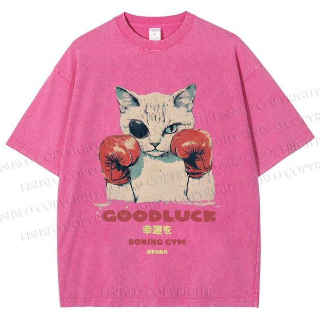 Unisex Fight Club Boxing Cat Printed Washed Tee