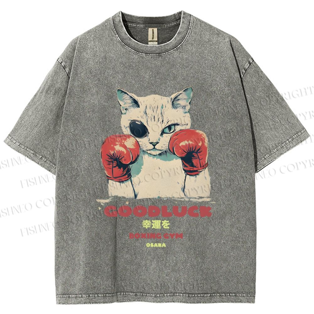 Unisex Fight Club Boxing Cat Printed Washed Tee