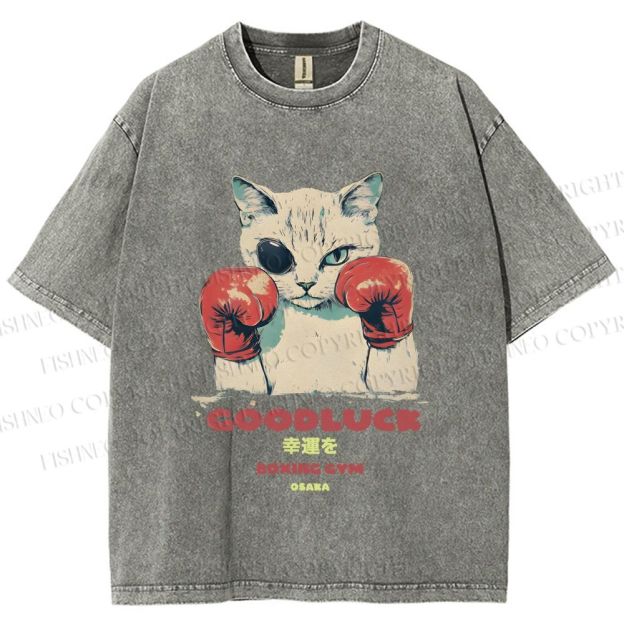 Unisex Fight Club Boxing Cat Printed Washed Tee